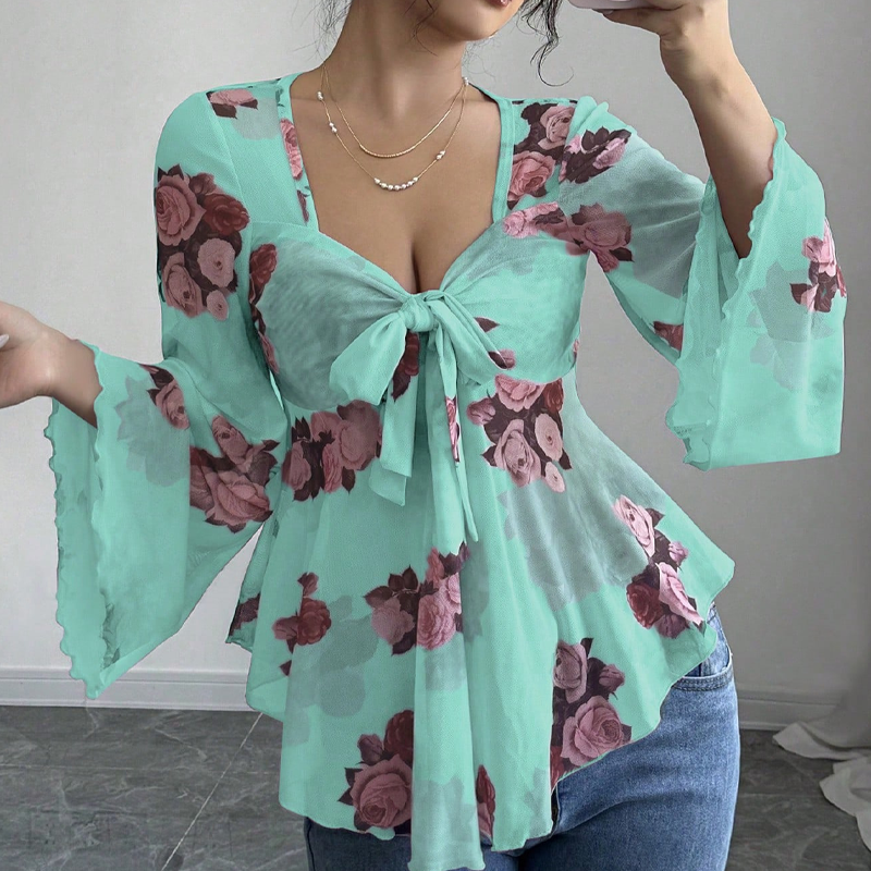 Chemisier femme à imprimé floral, encolure carrée et noué sur le devant