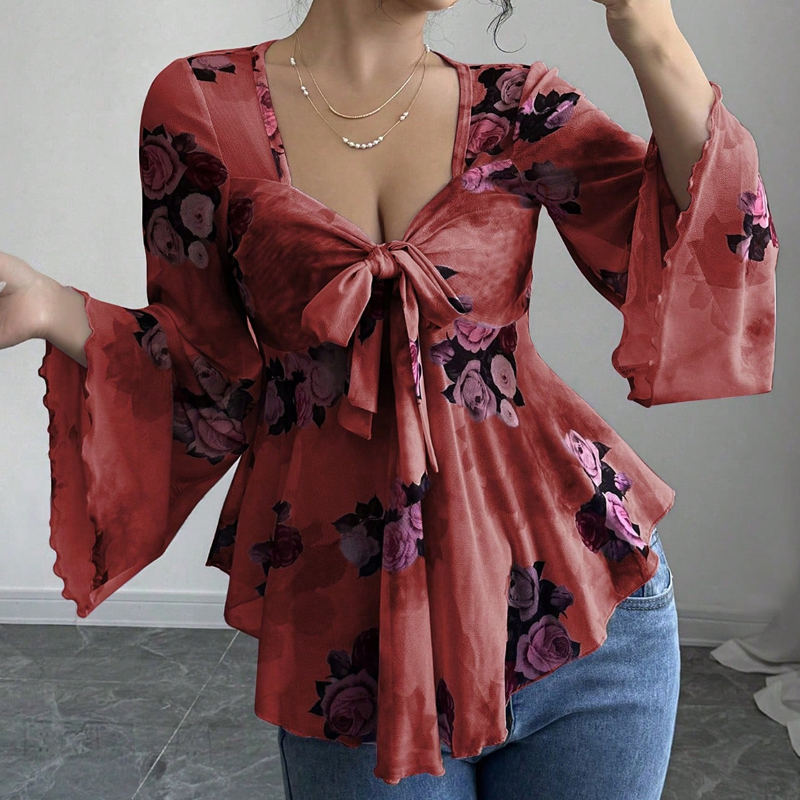 Chemisier femme à imprimé floral, encolure carrée et noué sur le devant
