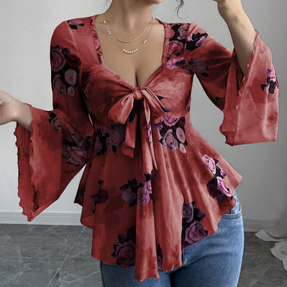 Chemisier femme à imprimé floral, encolure carrée et noué sur le devant