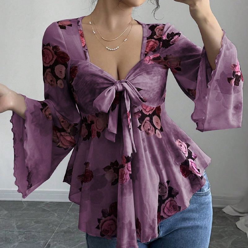 Chemisier femme à imprimé floral, encolure carrée et noué sur le devant