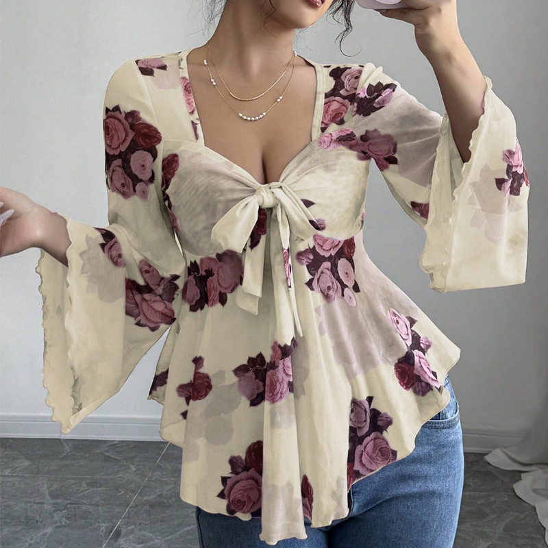 Chemisier femme à imprimé floral, encolure carrée et noué sur le devant