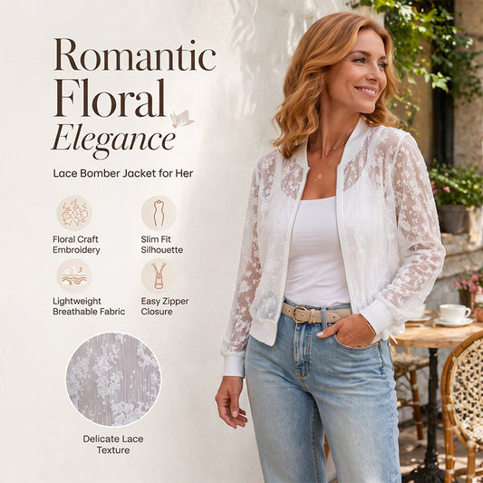 ⌛Offre à durée limitée - Veste de baseball zippée en dentelle florale transparente pour femme