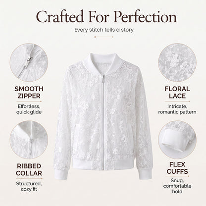⌛Offre à durée limitée - Veste de baseball zippée en dentelle florale transparente pour femme