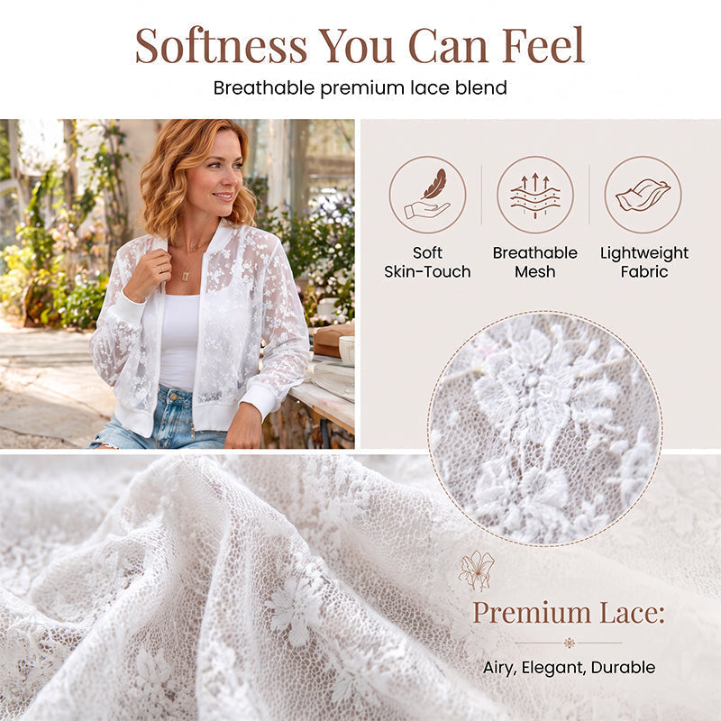 ⌛Offre à durée limitée - Veste de baseball zippée en dentelle florale transparente pour femme
