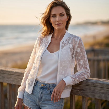⌛Offre à durée limitée - Veste de baseball zippée en dentelle florale transparente pour femme