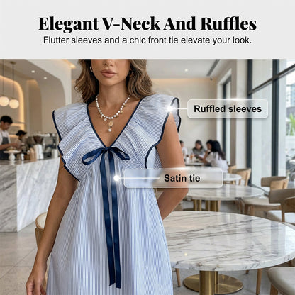 🌸👗OFFRE LIMITÉE -50% ! 🎀Mini robe babydoll à col V – Style mignon à ourlet évasé, charme au quotidien.