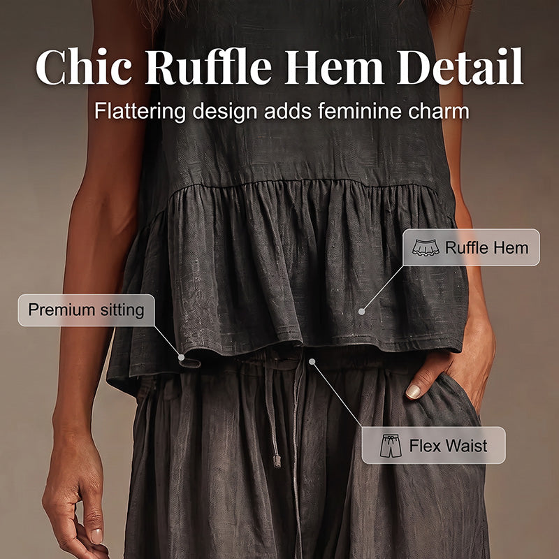 Ensemble décontracté pour femme : Haut sans manches à volants et pantalon long à jambes larges