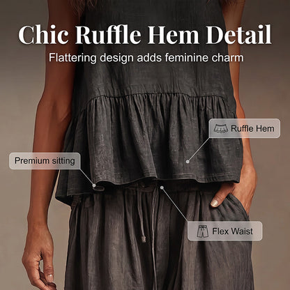 Ensemble décontracté pour femme : Haut sans manches à volants et pantalon long à jambes larges