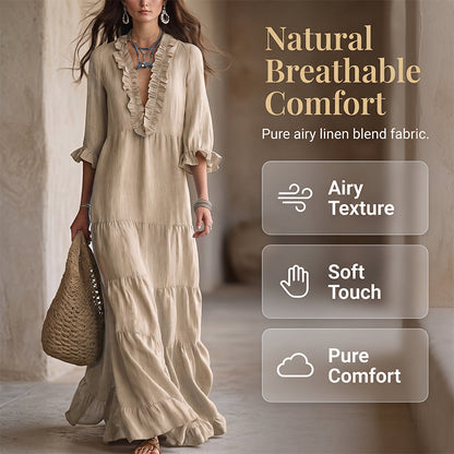 🌸👗 Robe maxi étagée col V – Manches volantées, tissu fluide ultra-léger, silhouette aérienne pour un été élégant à la plage comme en soirée 🌊🌙