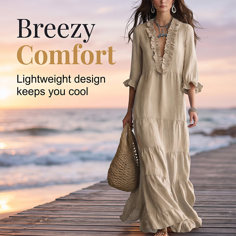 🌸👗 Robe maxi étagée col V – Manches volantées, tissu fluide ultra-léger, silhouette aérienne pour un été élégant à la plage comme en soirée 🌊🌙
