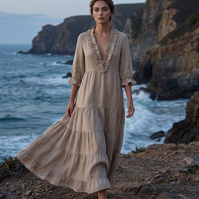 🌸👗 Robe maxi étagée col V – Manches volantées, tissu fluide ultra-léger, silhouette aérienne pour un été élégant à la plage comme en soirée 🌊🌙
