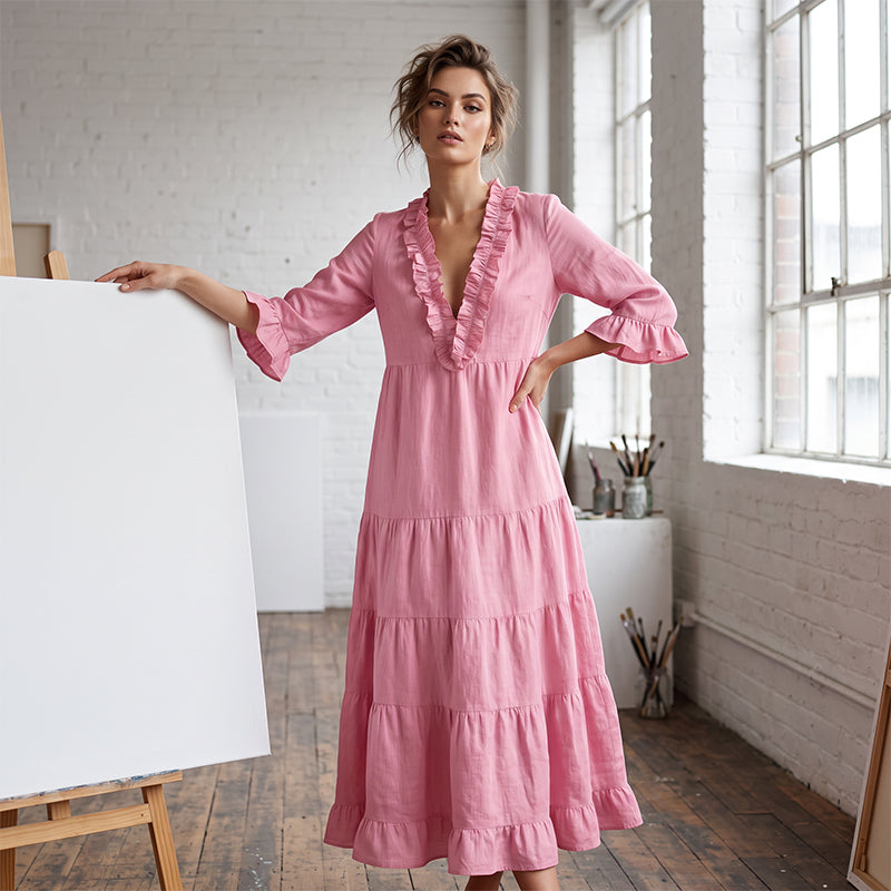 🌸👗 Robe maxi étagée col V – Manches volantées, tissu fluide ultra-léger, silhouette aérienne pour un été élégant à la plage comme en soirée 🌊🌙