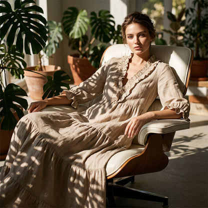 🌸👗 Robe maxi étagée col V – Manches volantées, tissu fluide ultra-léger, silhouette aérienne pour un été élégant à la plage comme en soirée 🌊🌙