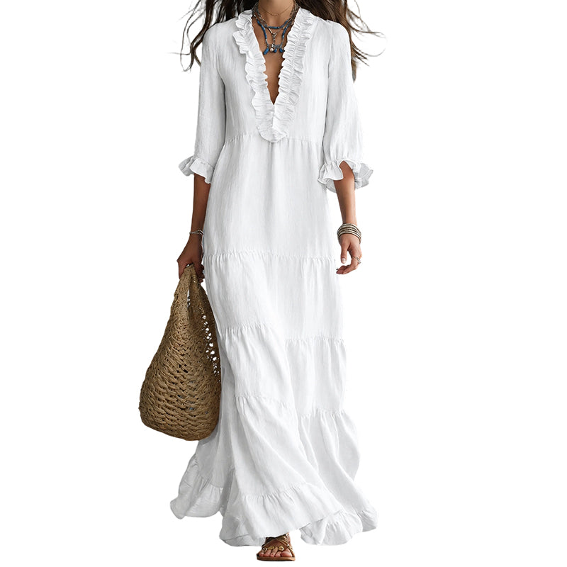 🌸👗 Robe maxi étagée col V – Manches volantées, tissu fluide ultra-léger, silhouette aérienne pour un été élégant à la plage comme en soirée 🌊🌙