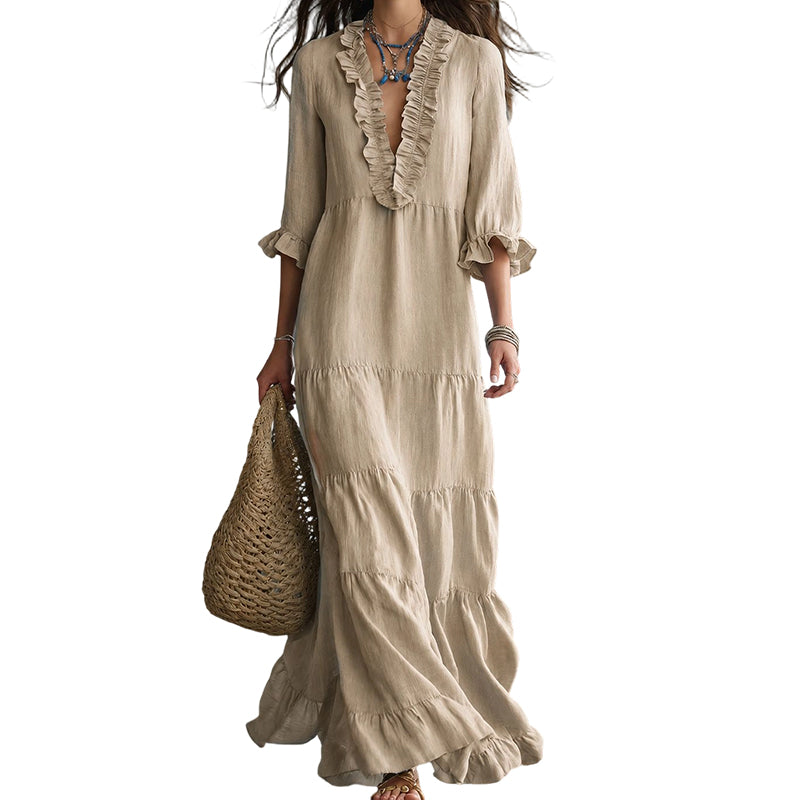 🌸👗 Robe maxi étagée col V – Manches volantées, tissu fluide ultra-léger, silhouette aérienne pour un été élégant à la plage comme en soirée 🌊🌙