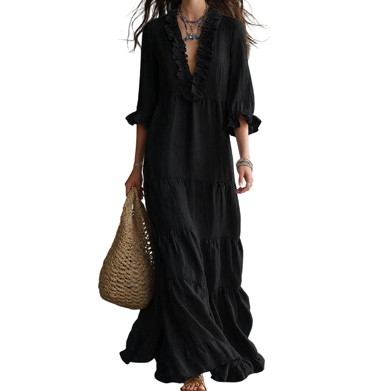 🌸👗 Robe maxi étagée col V – Manches volantées, tissu fluide ultra-léger, silhouette aérienne pour un été élégant à la plage comme en soirée 🌊🌙