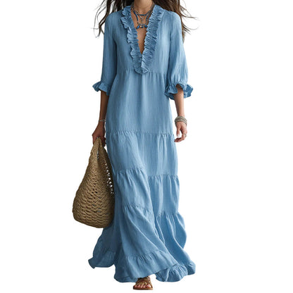 🌸👗 Robe maxi étagée col V – Manches volantées, tissu fluide ultra-léger, silhouette aérienne pour un été élégant à la plage comme en soirée 🌊🌙