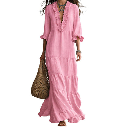 🌸👗 Robe maxi étagée col V – Manches volantées, tissu fluide ultra-léger, silhouette aérienne pour un été élégant à la plage comme en soirée 🌊🌙
