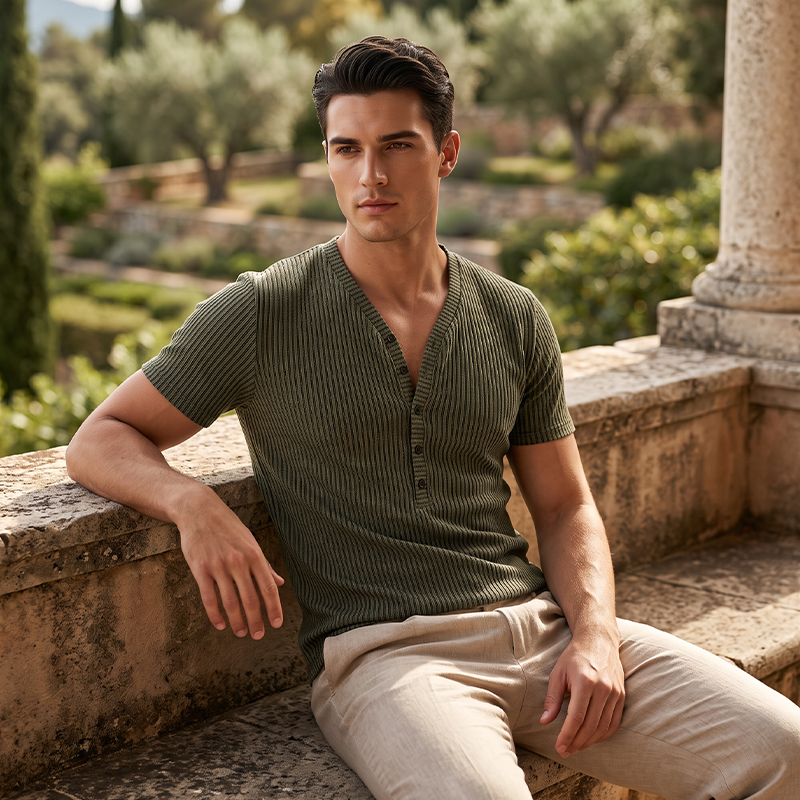 🎉 OFFRE LIMITÉE -50% ! 👕 T-Shirt Respirant – Col V Henley Classique & Tissu Polyester Premium 💪