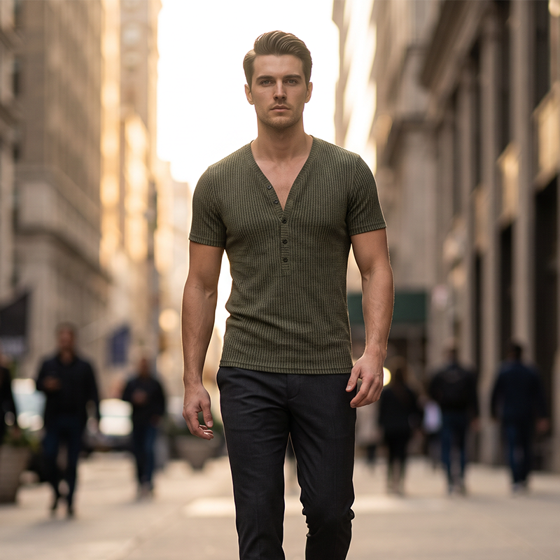 🎉 OFFRE LIMITÉE -50% ! 👕 T-Shirt Respirant – Col V Henley Classique & Tissu Polyester Premium 💪