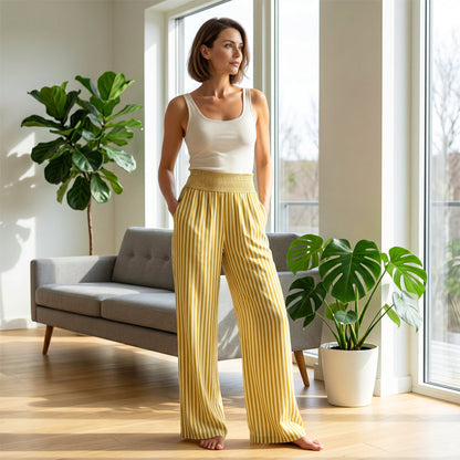 Pantalon pour femme à taille froncée et motif vichy rayé