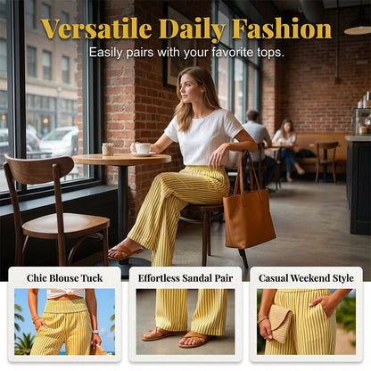 Pantalon pour femme à taille froncée et motif vichy rayé