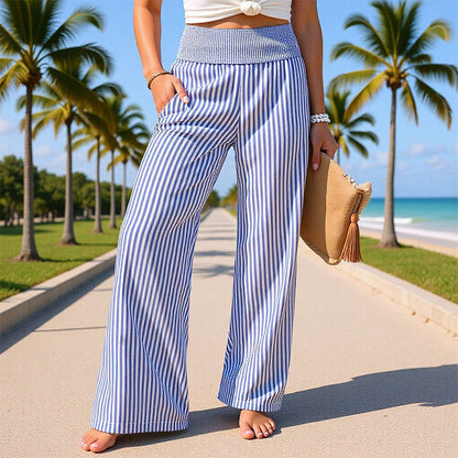 Pantalon pour femme à taille froncée et motif vichy rayé