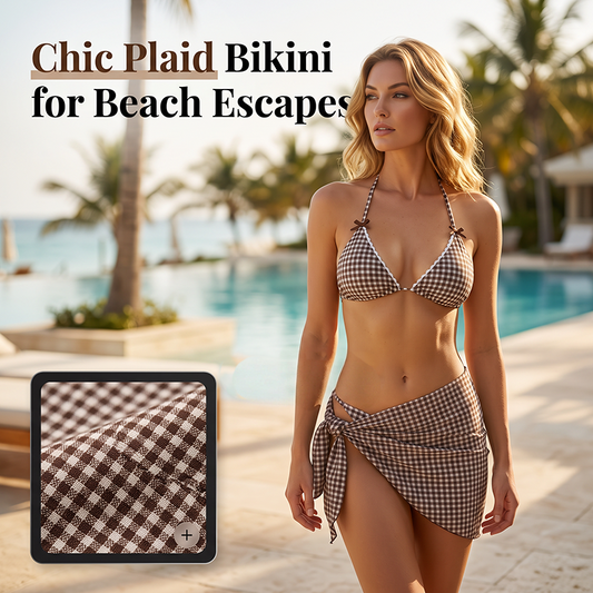 👙 -50% |🔥 Ensemble bikini 3 pièces pour femme avec jupe portefeuille –💕 Carreaux marron & dos nu