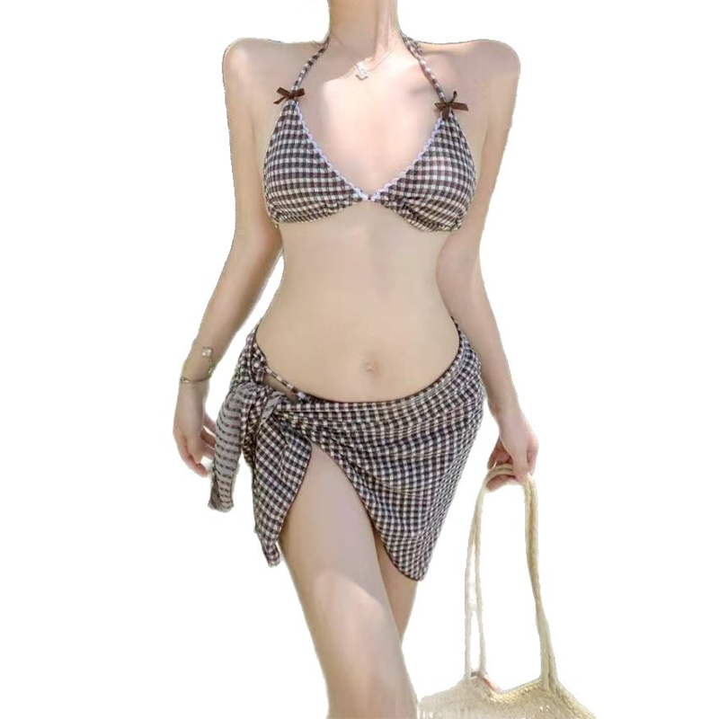 👙 -50% |🔥 Ensemble bikini 3 pièces pour femme avec jupe portefeuille –💕 Carreaux marron & dos nu