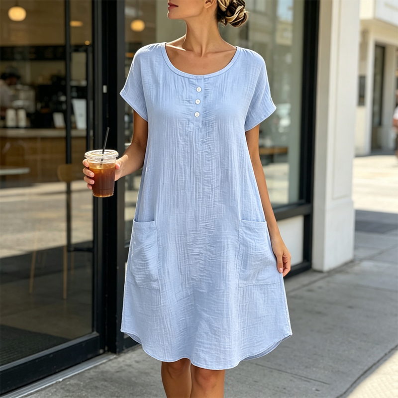 Robe mi-longue décontractée à manches courtes pour femme avec poches