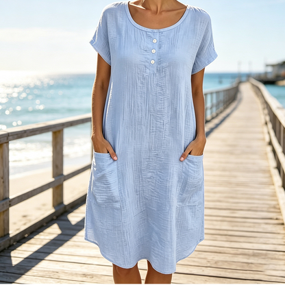Robe mi-longue décontractée à manches courtes pour femme avec poches