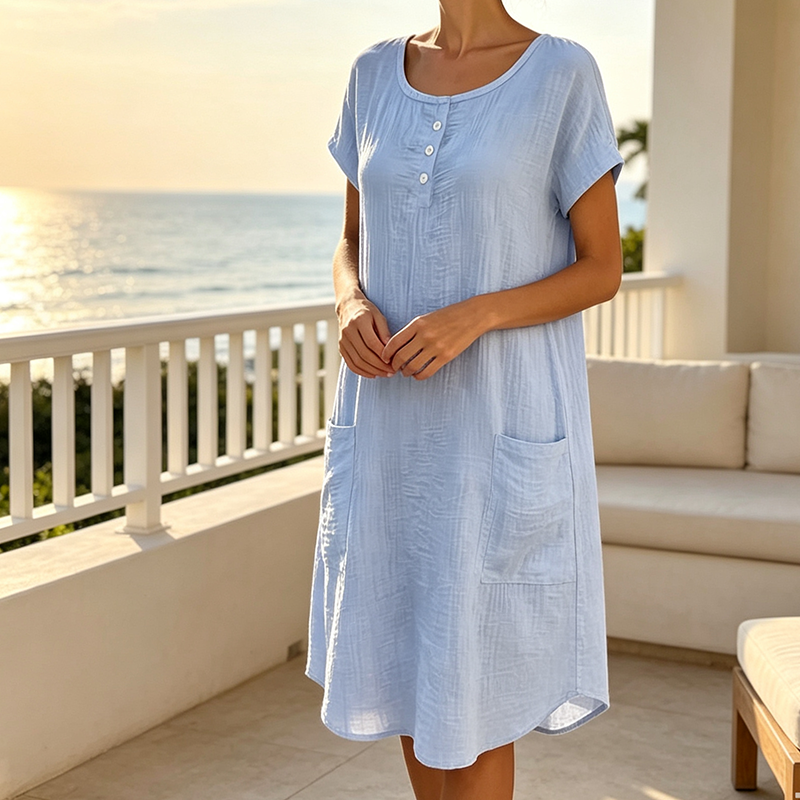 Robe mi-longue décontractée à manches courtes pour femme avec poches