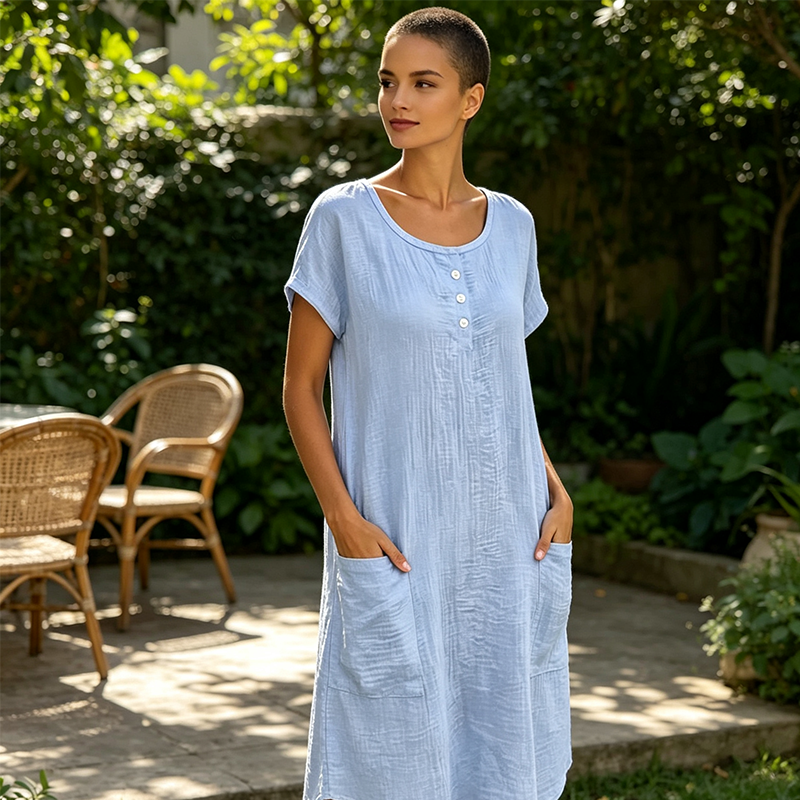 Robe mi-longue décontractée à manches courtes pour femme avec poches