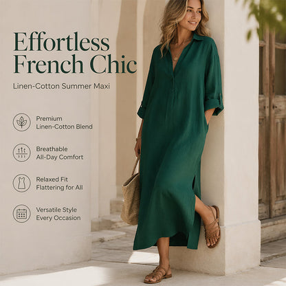 Robe chemise longue ample en coton et lin pour femme