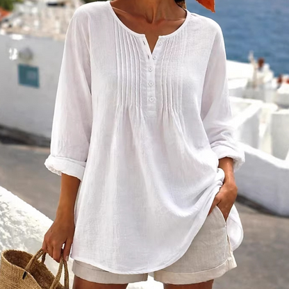 Blouse pour femme à manches longues, col Henley et détails plissés