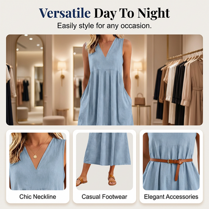 Robe midi décontractée sans manches à col en V pour femme