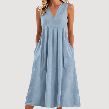 Robe midi décontractée sans manches à col en V pour femme