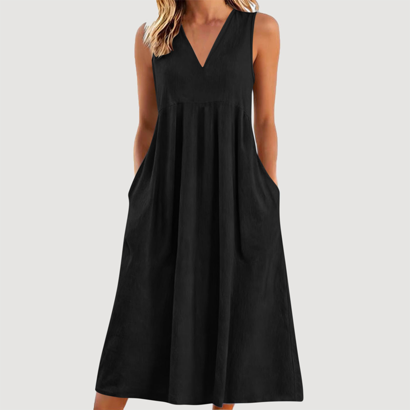 Robe midi décontractée sans manches à col en V pour femme