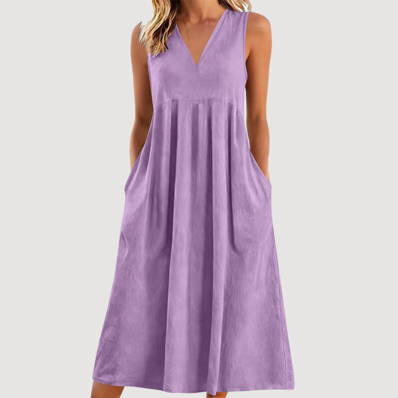 Robe midi décontractée sans manches à col en V pour femme
