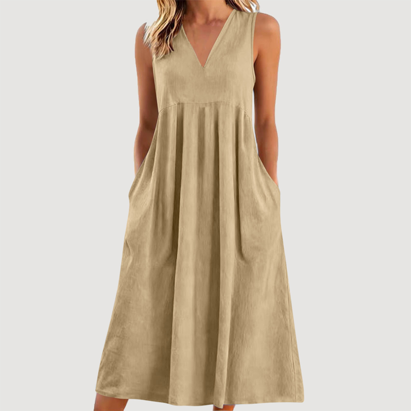 Robe midi décontractée sans manches à col en V pour femme