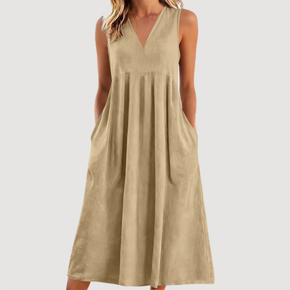 Robe midi décontractée sans manches à col en V pour femme