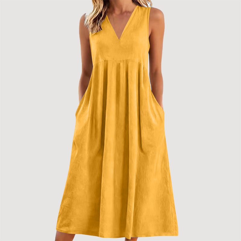 Robe midi décontractée sans manches à col en V pour femme