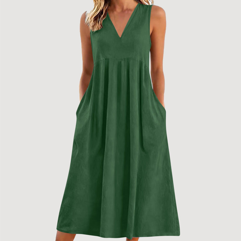 Robe midi décontractée sans manches à col en V pour femme