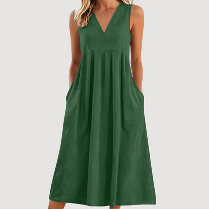 Robe midi décontractée sans manches à col en V pour femme