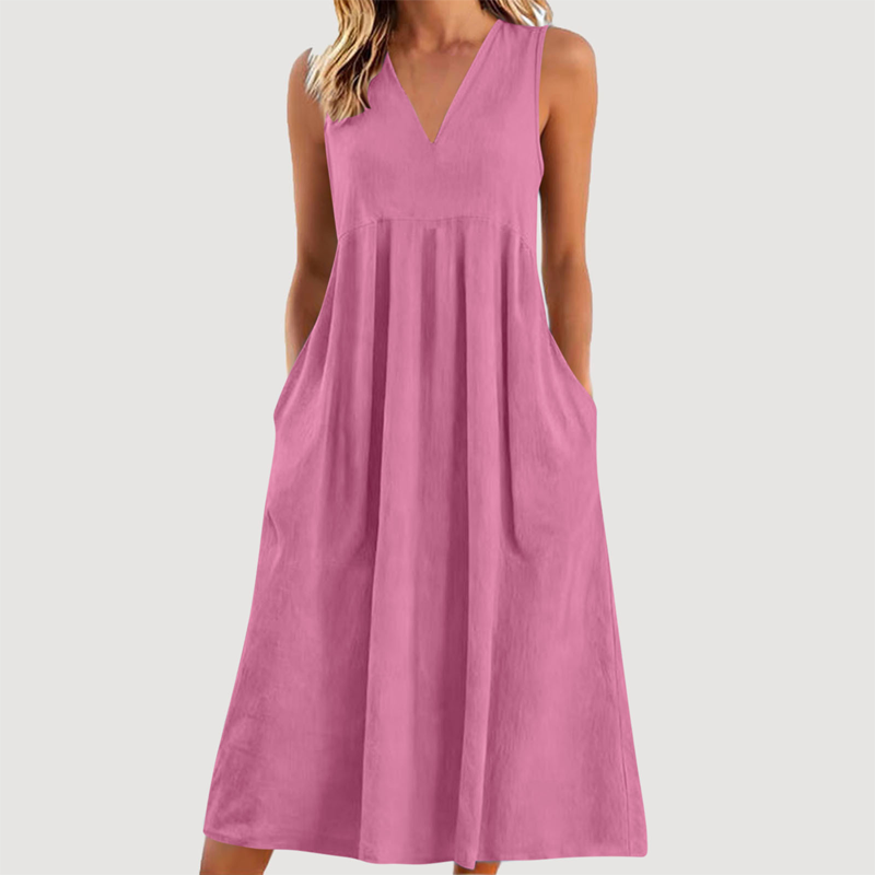 Robe midi décontractée sans manches à col en V pour femme
