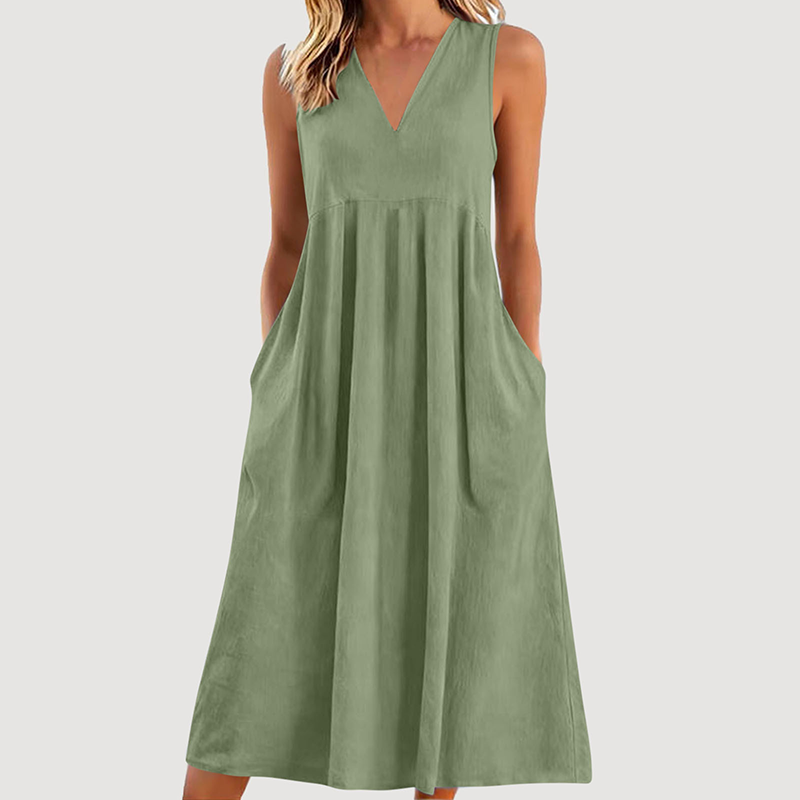 Robe midi décontractée sans manches à col en V pour femme