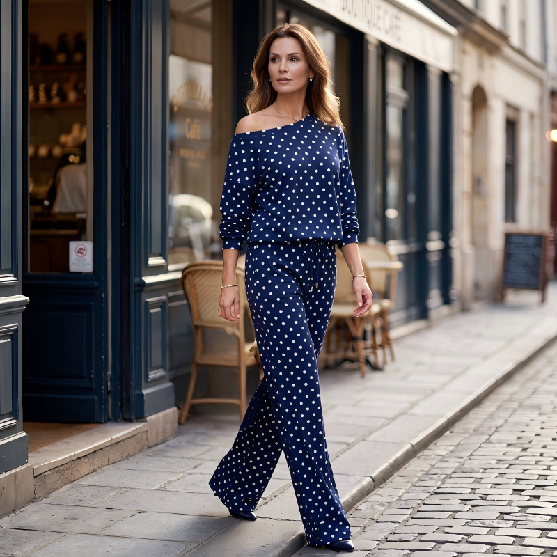 🔥Offre à durée limitée - Ensemble 2 pièces à pois épaules dénudées pour femme