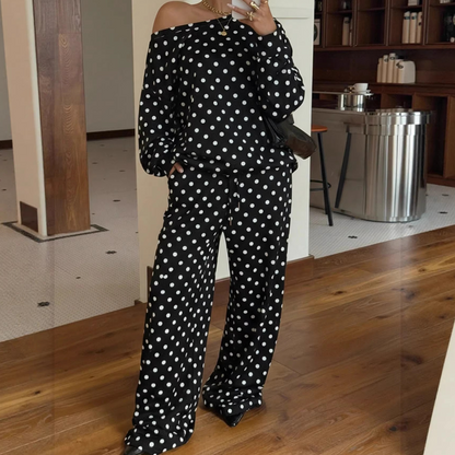 🔥Offre à durée limitée - Ensemble 2 pièces à pois épaules dénudées pour femme
