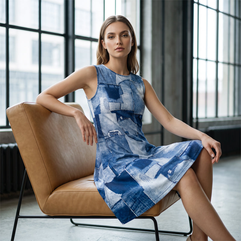 Robe sans manches à imprimé denim synthétique pour femme