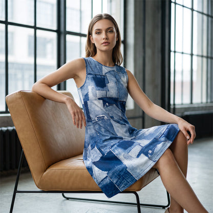Robe sans manches à imprimé denim synthétique pour femme